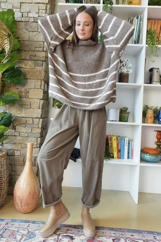 Big Softie Stripe Funnel Grunge Knit Mocha